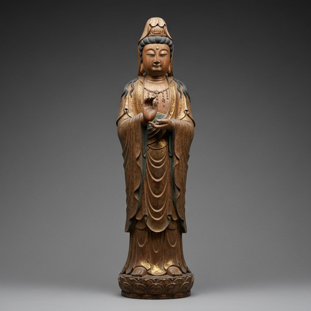 木雕彩绘观音立像